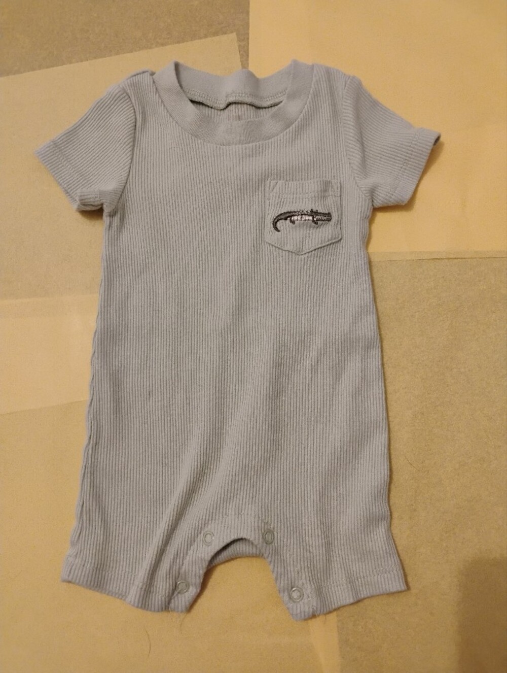 Chickpea Baby Romper Gray/Green Sage Ribbed Short-Sleeve Romper W Alligator